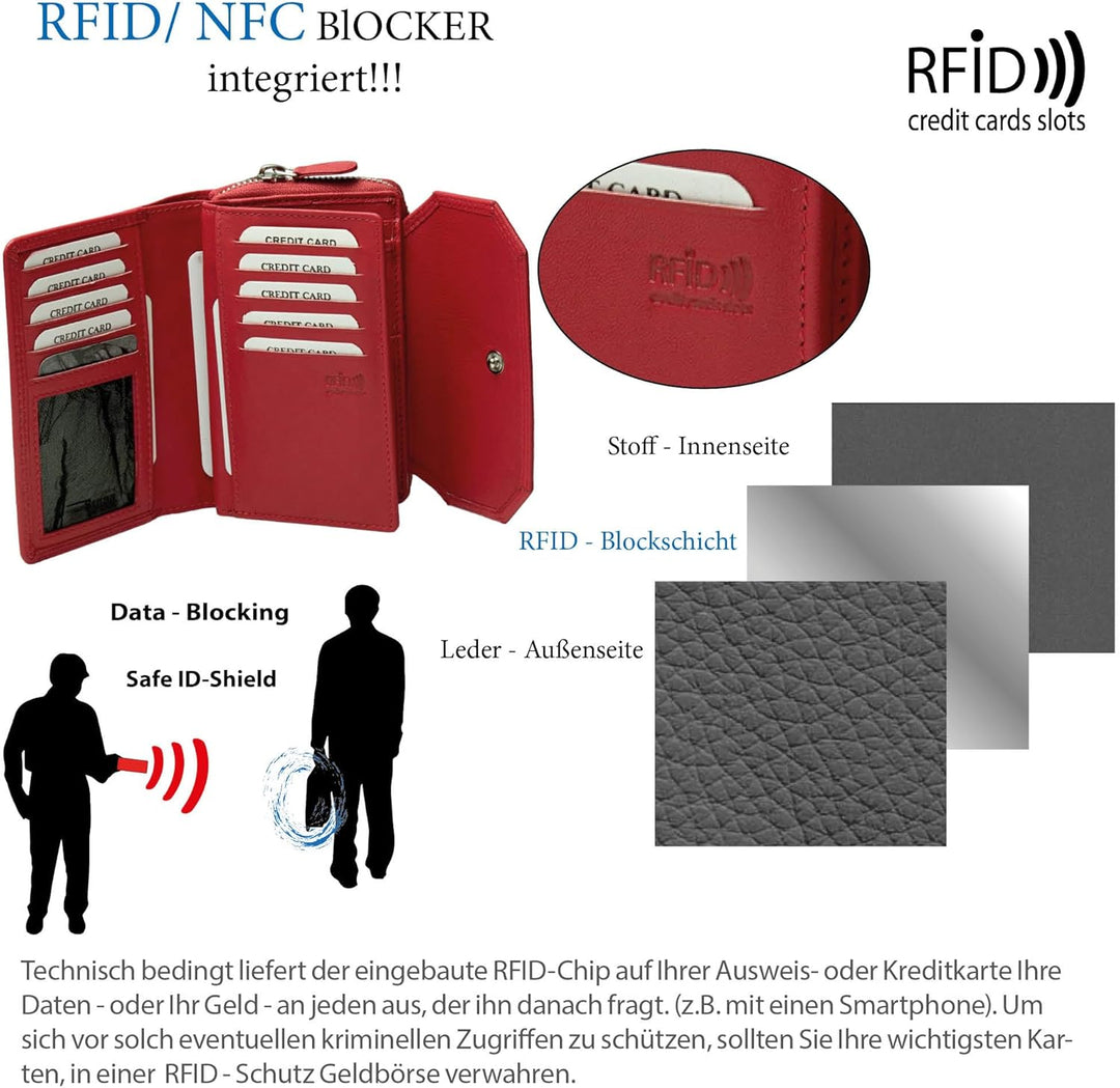 Damen Geldbeutel Leder RFID rot Geldbörse Gross Vintage Portemonnaie für Frauen NFC Schutz Ledergeld