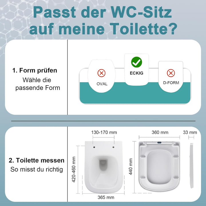 MEEJEE Quadratischer WC Sitz - Passt zu Quadrat-Toiletten (Bowl-Länge 42-46cm, Lochabstand 13-17cm)