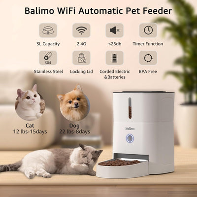 Balimo Futterautomat Katze, 3L Katzenfutter Automat, 2.4G WiFi Futterspender Katze, 1-10 Mahlzeiten,