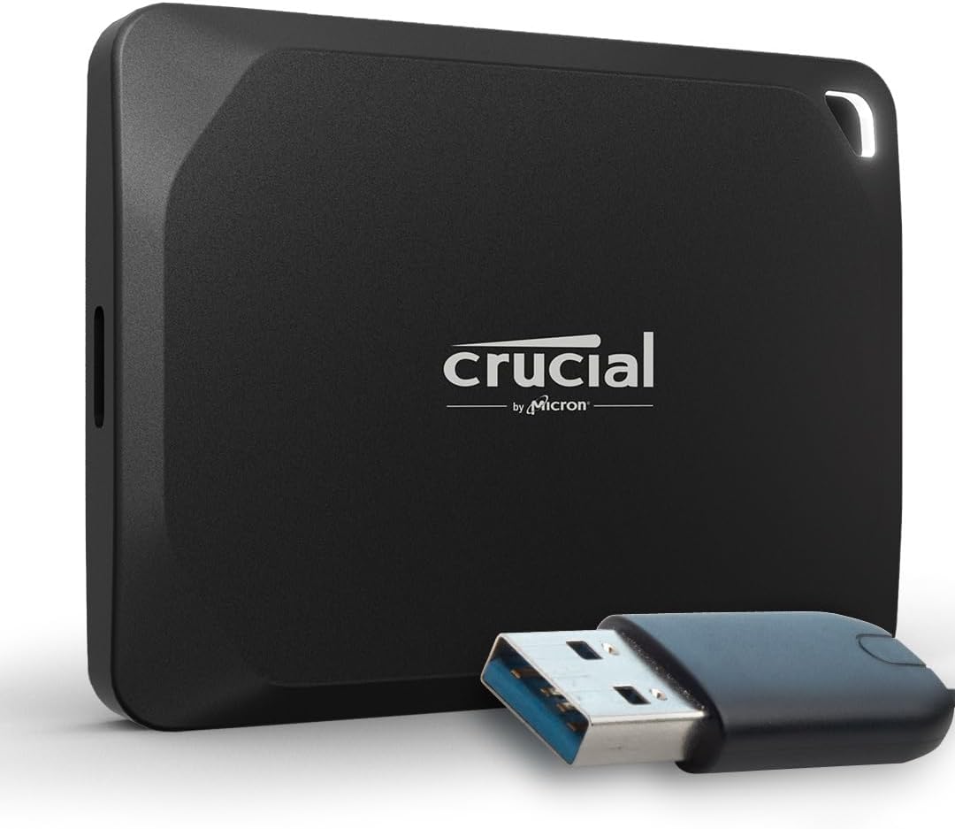 Crucial X10 Pro 2TB Externe SSD Festplatte mit USB-A Adapter, bis zu 2100MB/s Lesen und 2000MB/s Sch