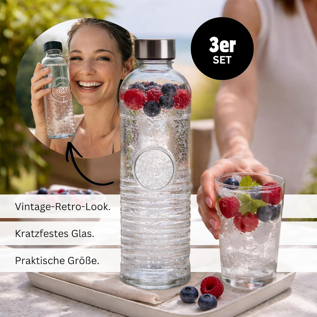 3er-Set Wasserflasche, Trinkflasche, Glasflasche für 1 Liter – gestreift | transparente Karaffe – Re
