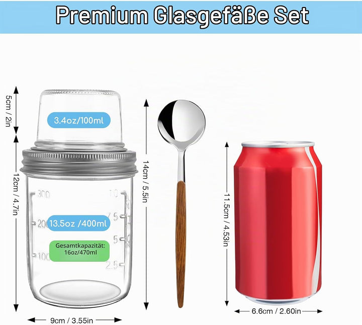 4er Overnight Oats Gläser 400ml+100ml, Joghurtbecher to go mit Doppelschicht-Design und Edelstahlöff