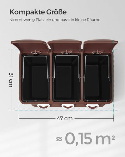 SONGMICS Mülleimer für die Küche, 3 x 8 L, Abfalleimer aus Metall, 3-in-1 Treteimer, Mülltrennung, M