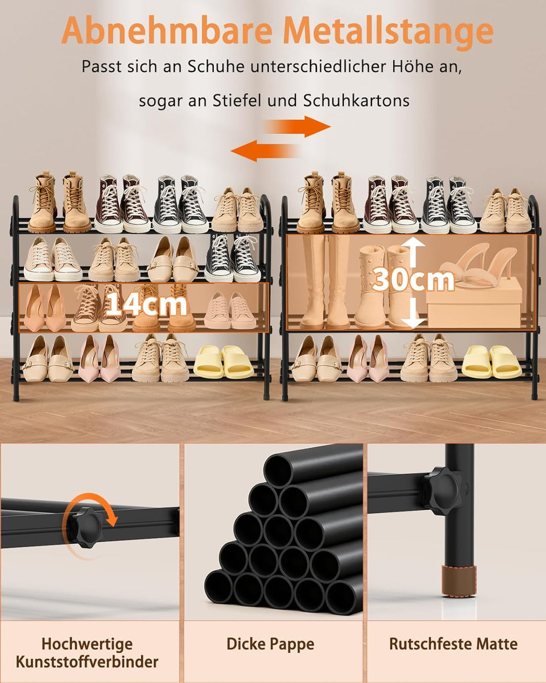 Anhow Ausziehbares Schuhregal, 4 Ebenen Adjustable Schuhregal Metall 43 to 78cm, Standregal Schmal S