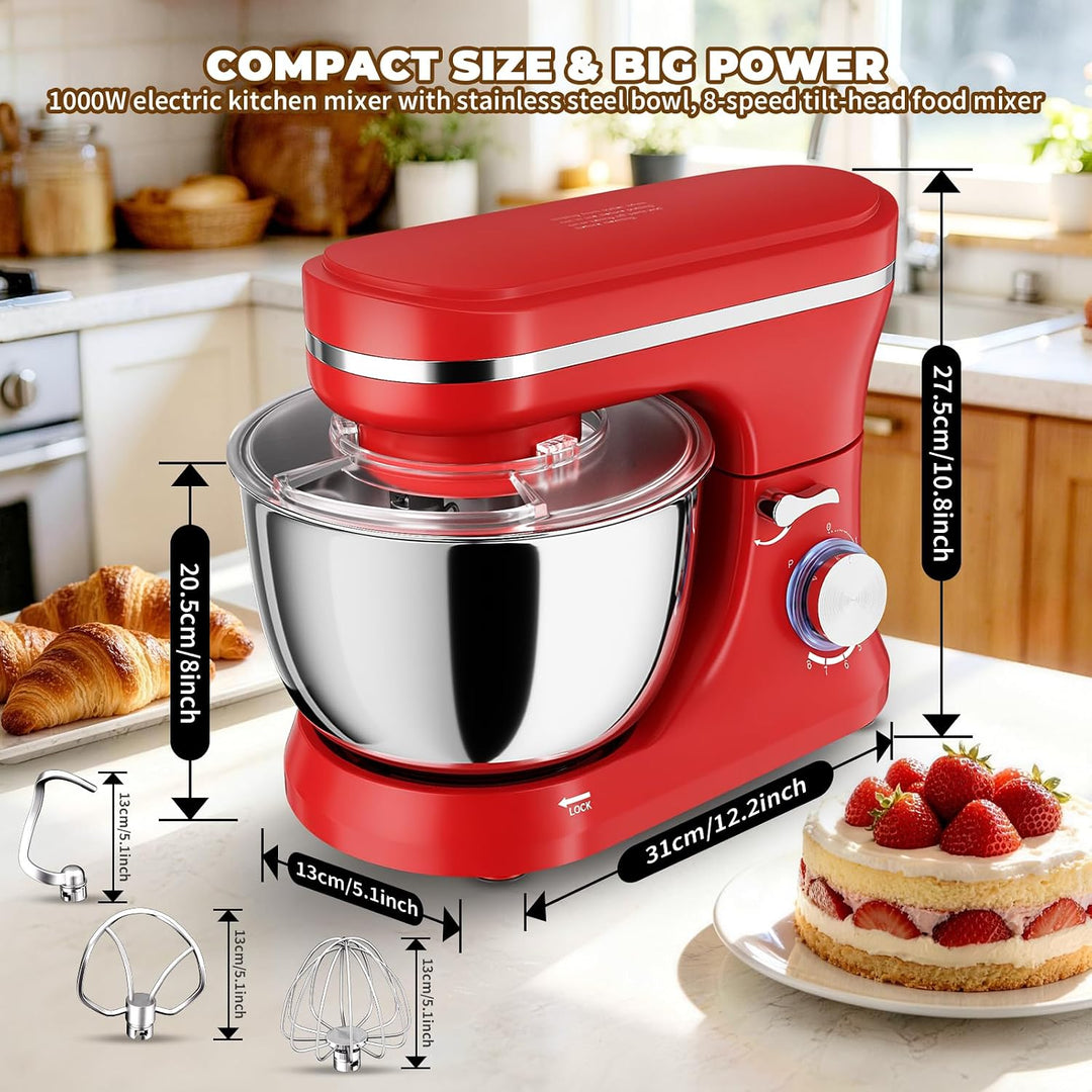 Küchenmaschine 5L – Knetmaschine mit 1000W, 8+ P Geschwindigkeiten, 3 Rührwerkzeuge, Spritzschutz, T