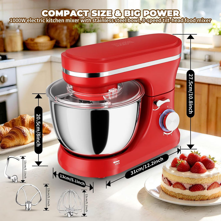 Küchenmaschine 5L – Knetmaschine mit 1000W, 8+ P Geschwindigkeiten, 3 Rührwerkzeuge, Spritzschutz, T