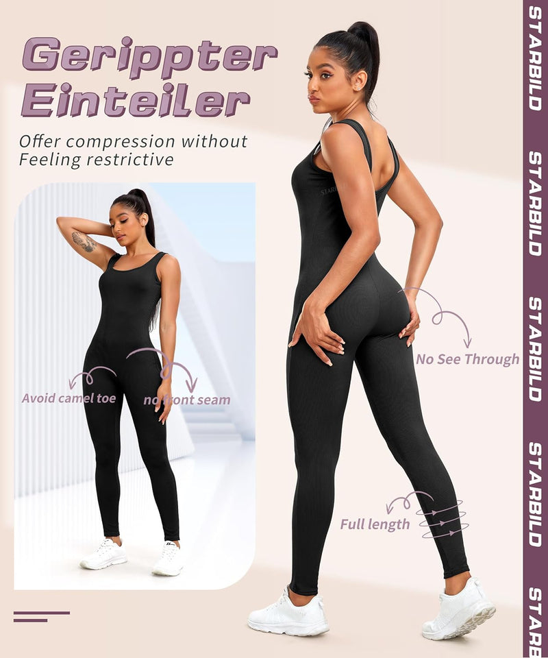 STARBILD Damen Yoga Jumpsuit Ärmellos Rückenfrei Eng Anliegender, Fitness Overall für Gym Workout, K