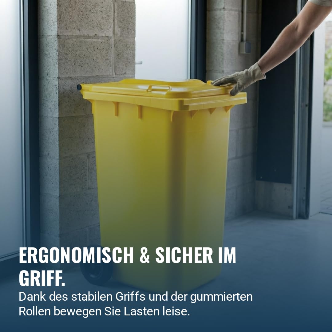 plasteo 240 Liter Gelbe Mülltonne – Robuster Abfallbehälter für Mülltrennung – Wetterfest & Langlebi