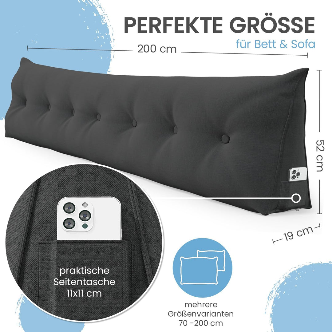 ELONEO Rückenkissen 200 cm breit, Keilkissen für Bett und Sofa geeignet, dreieckiges Lesekissen, Kis