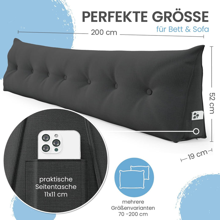 ELONEO Rückenkissen 200 cm breit, Keilkissen für Bett und Sofa geeignet, dreieckiges Lesekissen, Kis