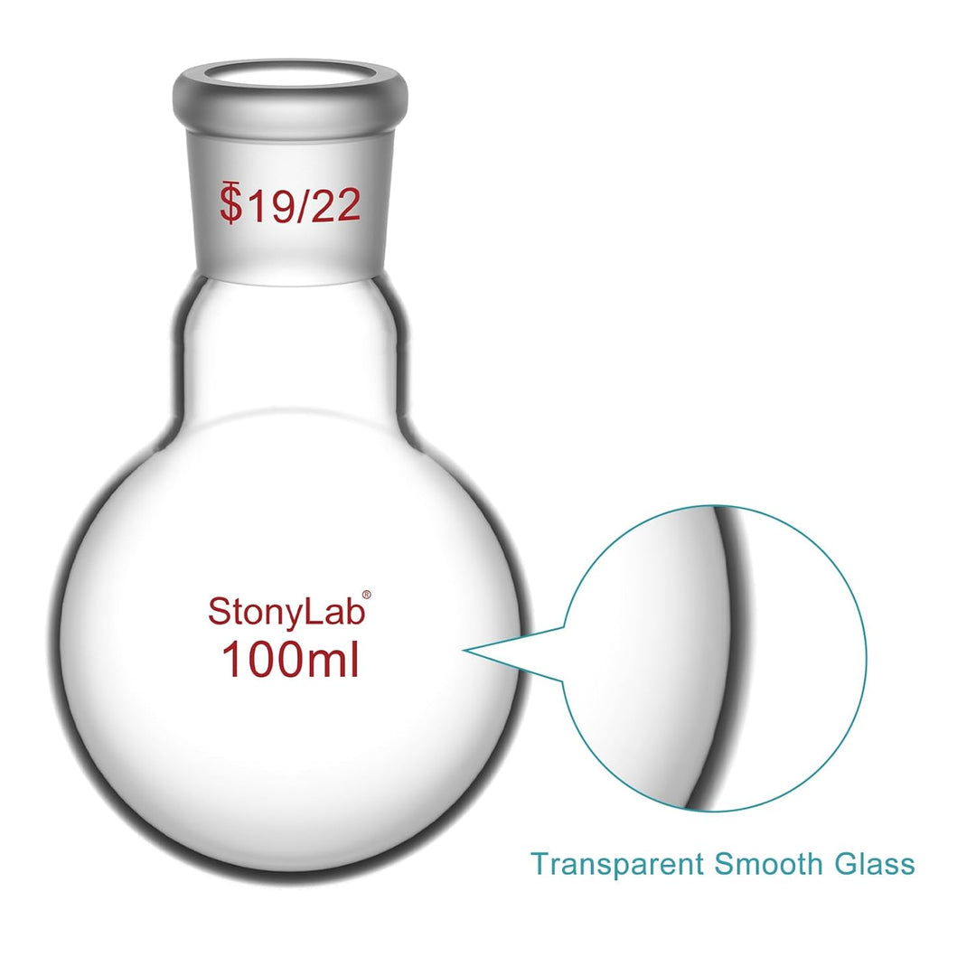 StonyLab 100ml Borosilikat Glas Einhalsrundkolben, Glas Einhals Rundkolben RBF mit 19/22 Standard Ta