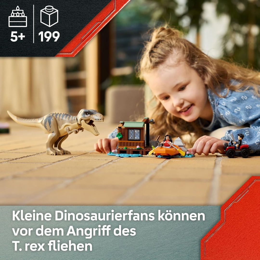 LEGO Jurassic World Flucht vor dem T.Rex – Interaktives Spielzeug mit Dinosaurier-Figur, Boot, ATV u
