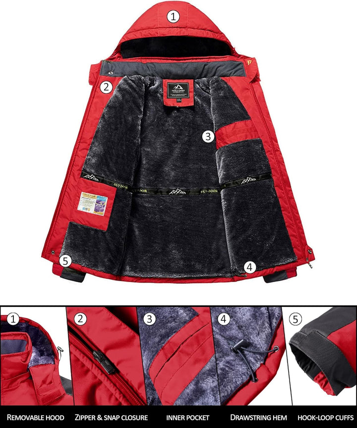 KEFITEVD Herren Winterjacke Wasserabweisende Warm Gefüttert Skijacke Outdoorjacke mit Abnehmbarer Ka