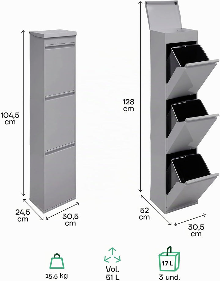 ARREGUI Top CR322-B Mülltrennsystem aus Stahl mit Aufbewahrungsbox mit Deckel | 3 Fächer Mülleimer f