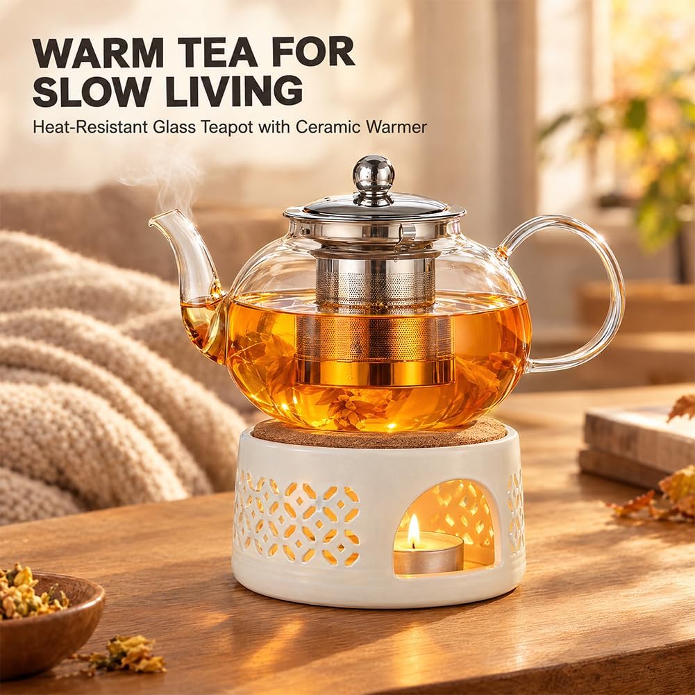 Glas Teekanne mit Stövchen Set, 1000ml Glasteekanne mit Infuser