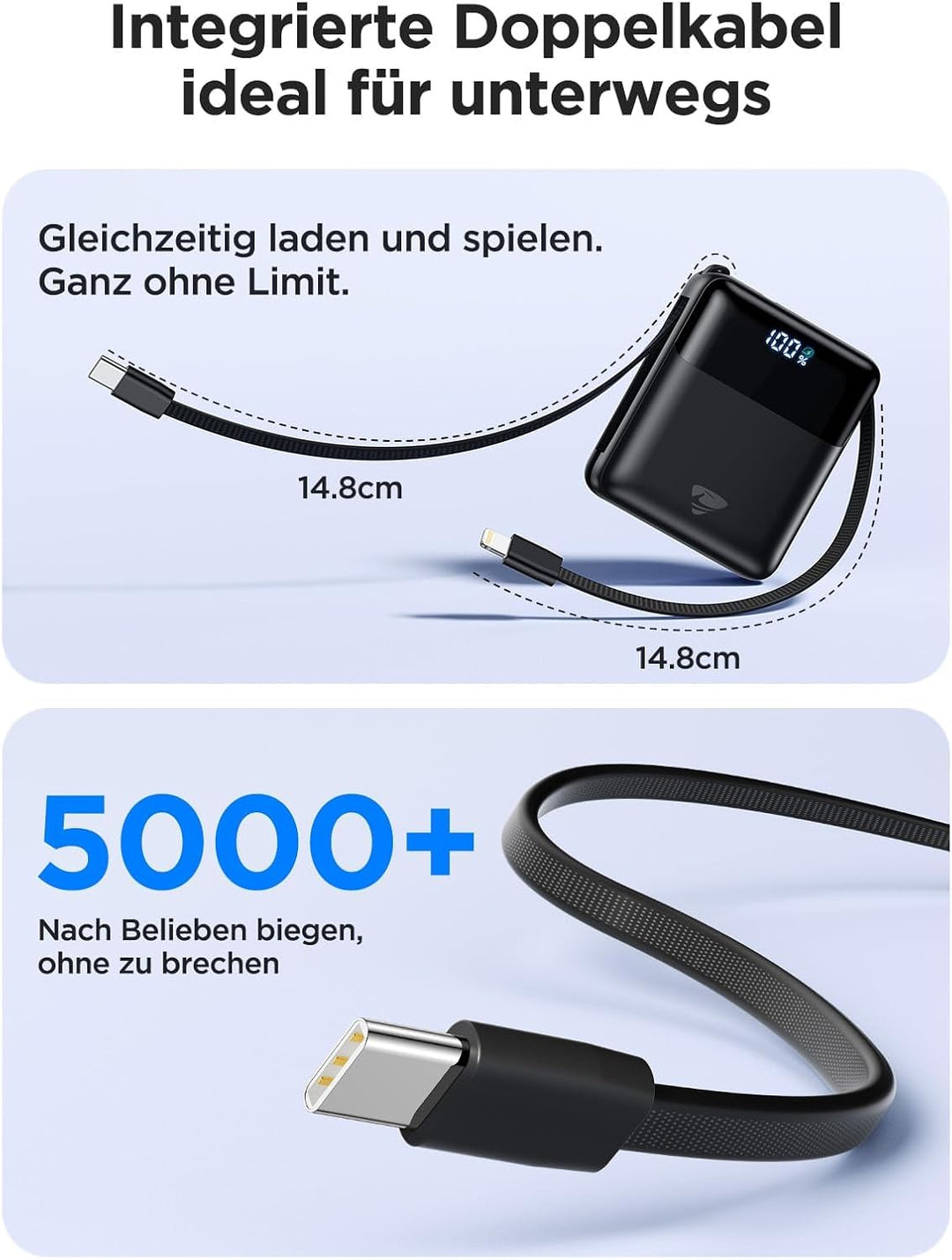 Aioneus Mini PowerBank, 10000mAh Power Bank mit Integriertem USB-C & Lightning Kabel, Minigrösse Ext