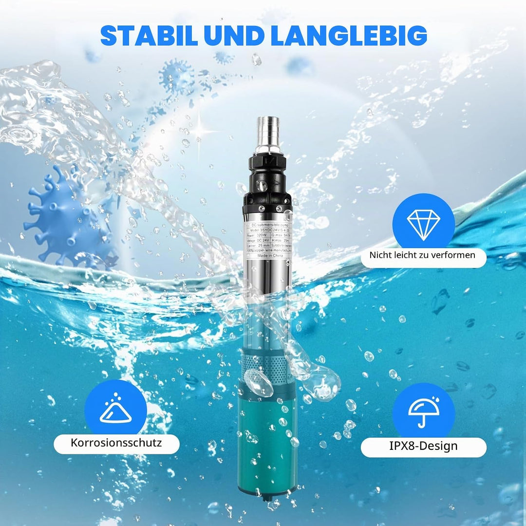 24V Edelstahl Tauchpumpe, 320W 5m³/h 25m Tiefbrunnenpumpe mit 16m Kabel für Landwirtschaft Haus Gart