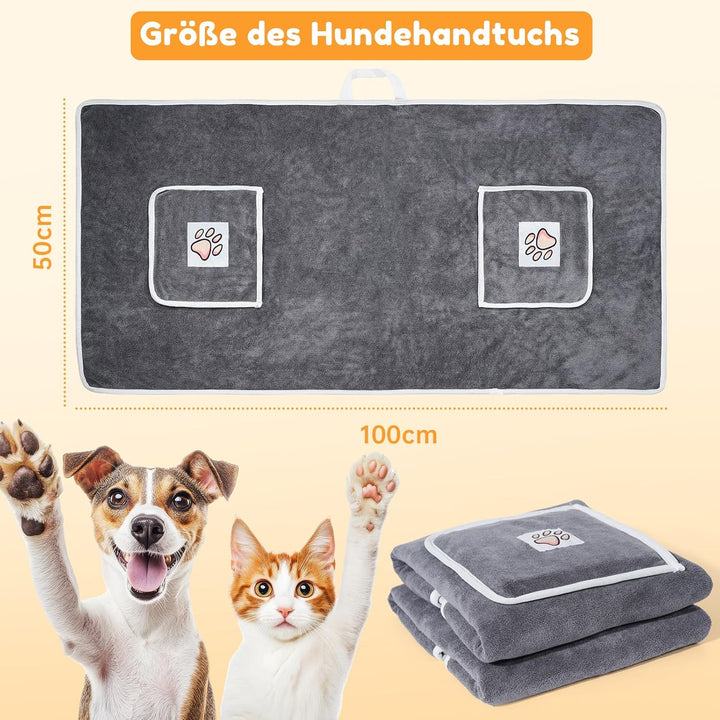 120x70cm Hundehandtuch, 2 Stück Hundehandtuch Extra Saugfähig mit Griffaschen, Mikrofaser-Handtücher