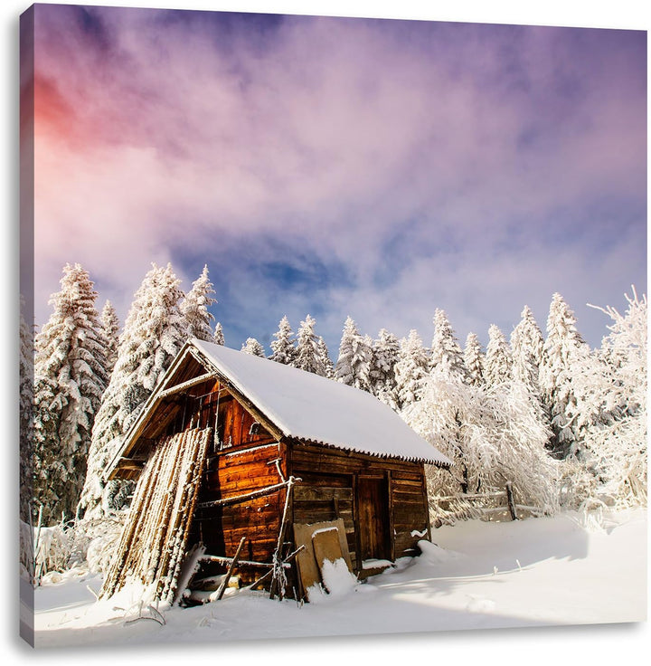 Holzhütte im Schnee, Format: 70x70 auf Leinwand, XXL riesige Bilder fertig gerahmt mit Keilrahmen, K