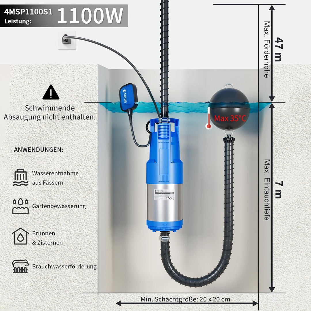 FOTING Tauch-Druckpumpe 4 inox, 1100W Tauchdruckpumpe mit 6800 l/h Fördermenge, Förderhöhe max. 47 m