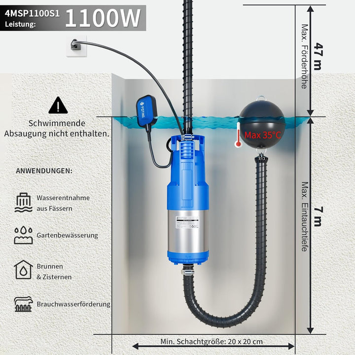 FOTING Tauch-Druckpumpe 4 inox, 1100W Tauchdruckpumpe mit 6800 l/h Fördermenge, Förderhöhe max. 47 m