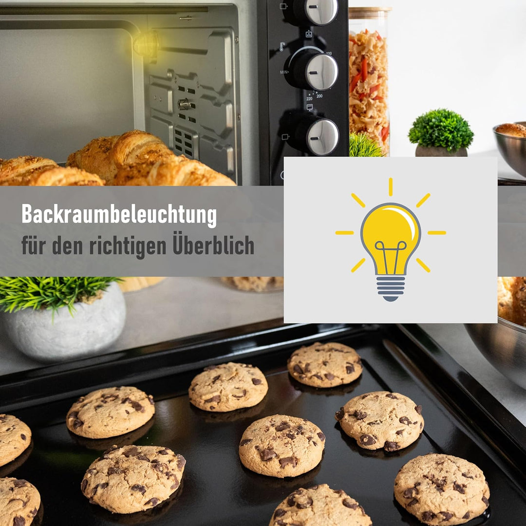 Minibackofen 45 Liter mit Glasfront und 2.000 Watt | Mini Backofen mit Umluft, Drehspiess und Krümel