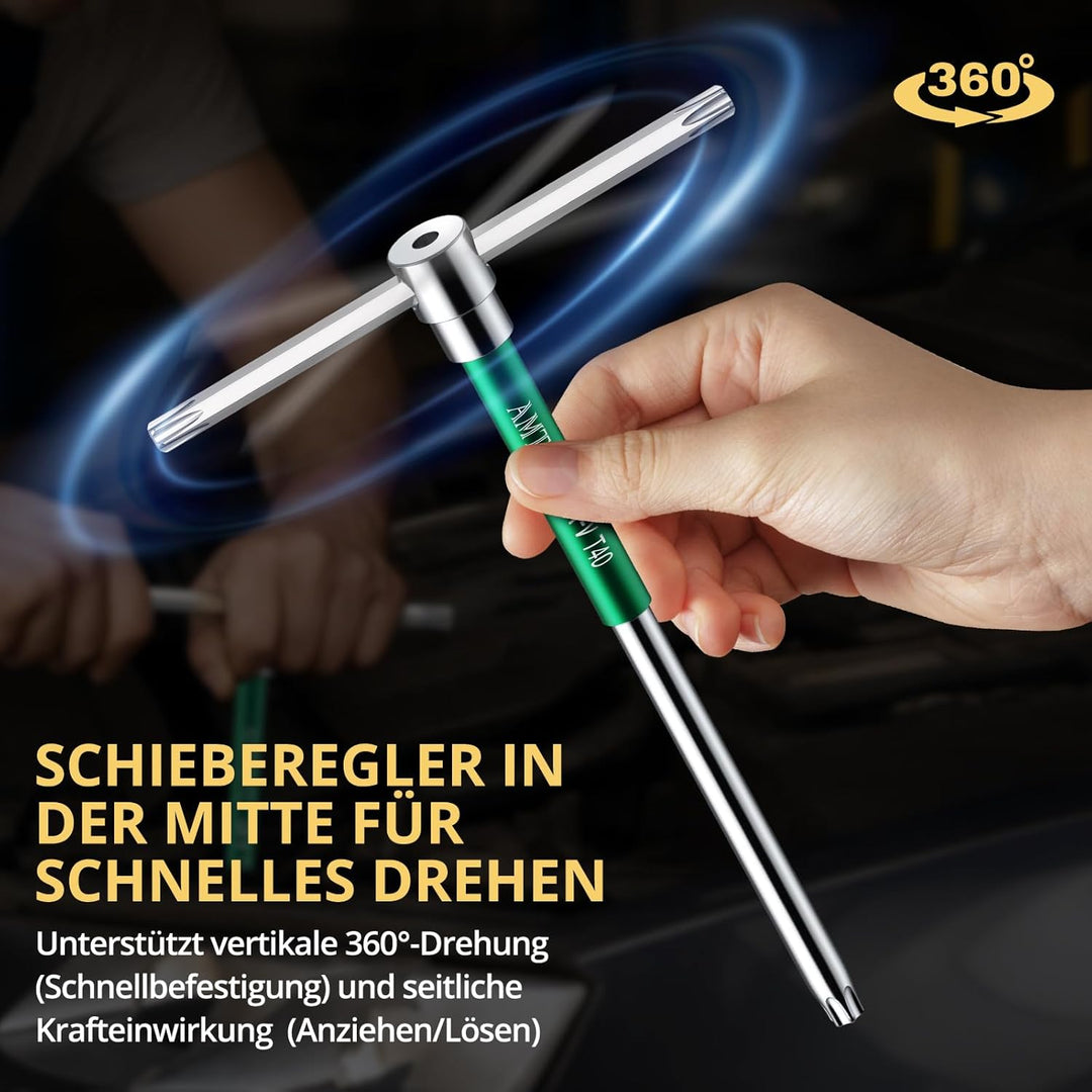 AMTOVL T-Griff-Sternschlüssel-Set, Torx, 10-teilig, T10-55, Schiebegriff, Chrom-Vanadium-Stahl, mit