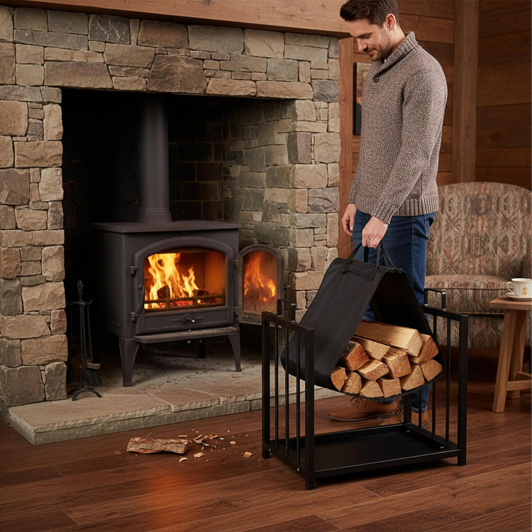 Relaxdays Kaminholzständer mit Holztragetasche, für innen, modernes Design, Kaminregal Stahl, HBT: 5