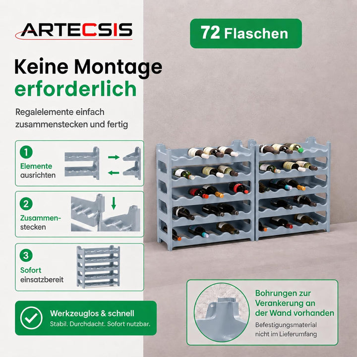 ARTECSIS Weinregal stapelbar Kunststoff für 72 Flaschen, stabiles Flaschenregal in Gastronomie-Quali