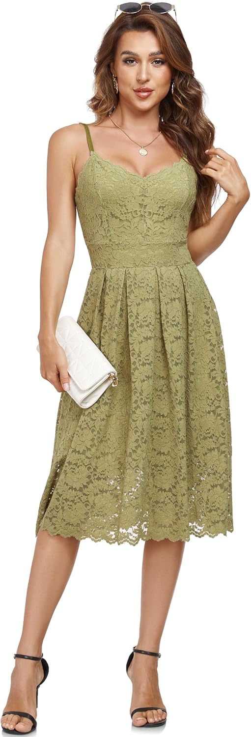 Atnlewhi Damen Vintage ärmellosen V-Ausschnitt A-Linie Kleid Blumen Knielang Spitzenkleid Brautjungf