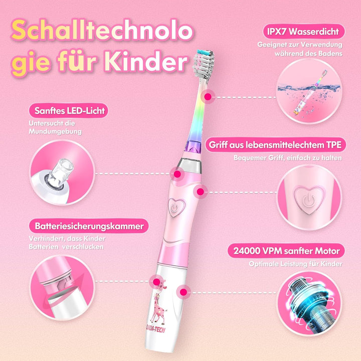 Elektrische Zahnbürste Kinder ab 3-6-8-12 Jahre mit buntem Regenbogen-LED-Licht Integrierter Timer 9