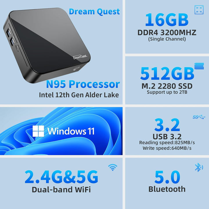 DreamQuest Mini PC Windows 11 Pro 16GB DDR4 512GB M.2 SSD Intel N95 (bis zu 3.4Ghz) Micro Desktop Co