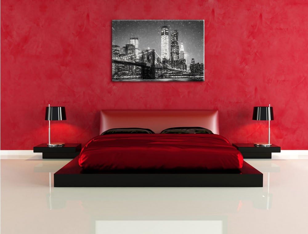 Pixxprint Brooklyn Bridge bei Nacht als Leinwandbild/Grösse: 100x70 cm/Wandbild/Kunstdruck/fertig be