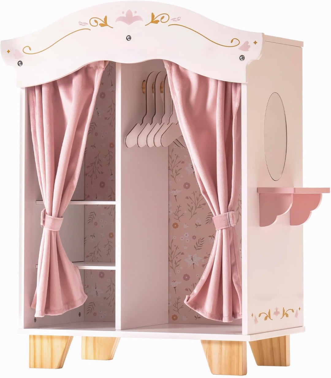 ROBUD Holzpuppenschrank mit Spiegel und 5 Kleiderbügeln Kinder ab 3 Jahren Süsser Puppenschrank, Süs