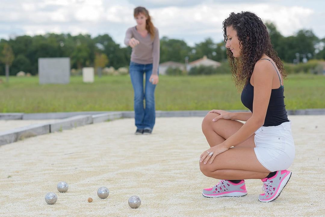 HOME It® Petanque Set | Outdoor Spiele für Erwachsene | 6x Petanque Kugel (73mm, 720g) mit Holz-Gris