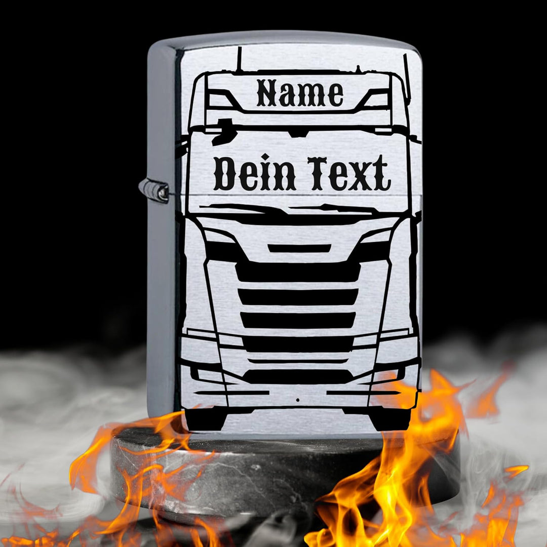 Zippo Chrome Brushed mit Gravur LKW Truck personalisiert mit Name und Wunschtext Personalisieren Tru
