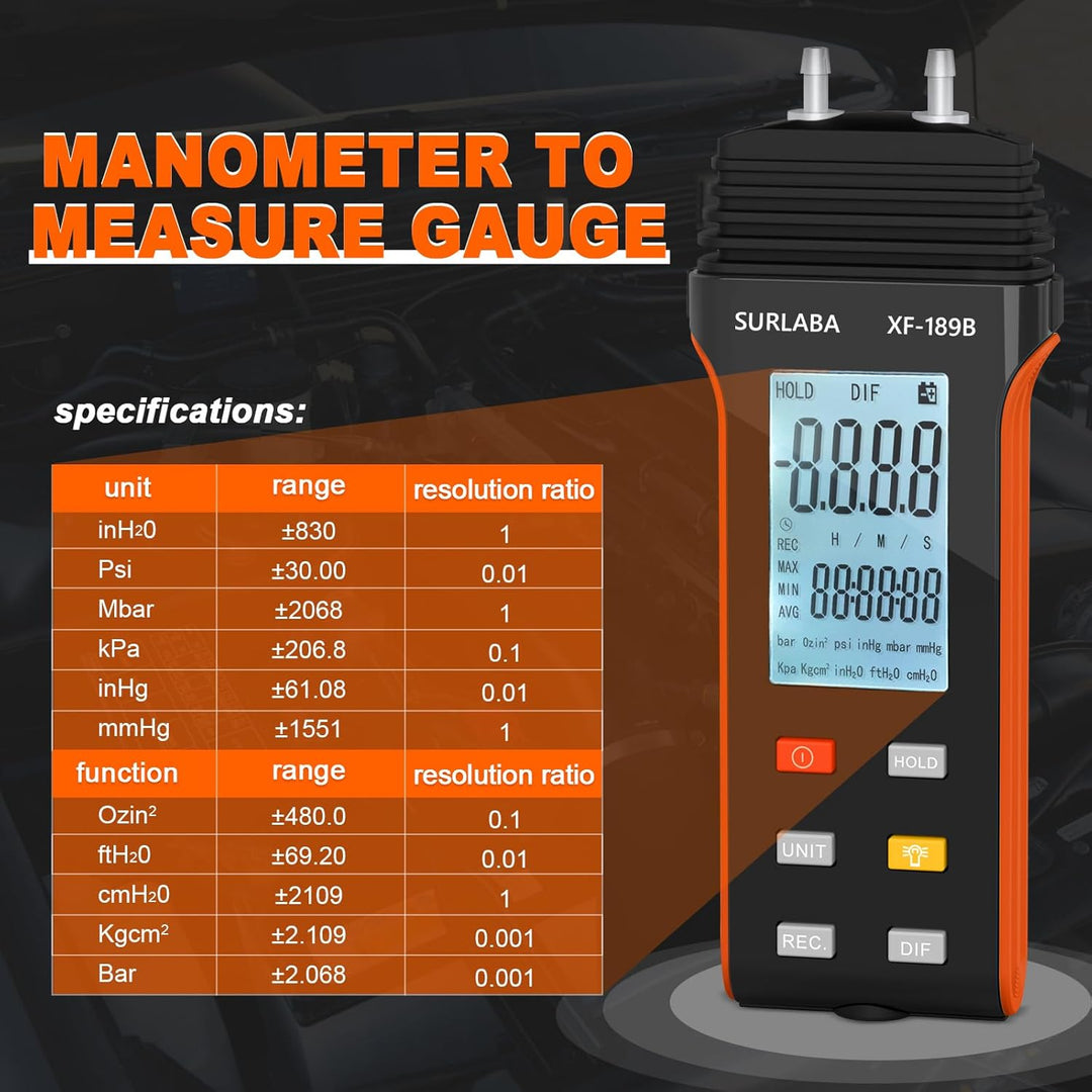 SURLABA Digitales Manometer, Differenzdruckmessgerät Messbereich 30PSI, Gasdruckmessgerät mit 11 Ein