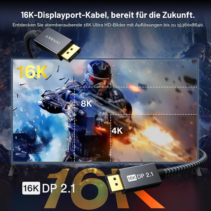 IVANKY 16K DisplayPort Kabel 2.1 3M, Kabel Displayport 4K@240Hz/165Hz/144Hz, 16K@60Hz, 8K@120Hz, 2K@