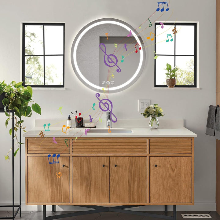 Bluetooth Badezimmerspiegel mit Beleuchtung, 50cm Runder Spiegel mit Beleuchtung, Wandspiegel mit Fr
