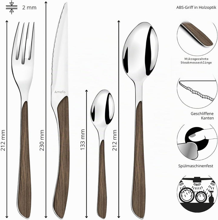 Amefa ECLAT Besteck Set | NATURE dunkles Holz | Essbesteck 24-teilig für 6 Personen | Edelstahl rost