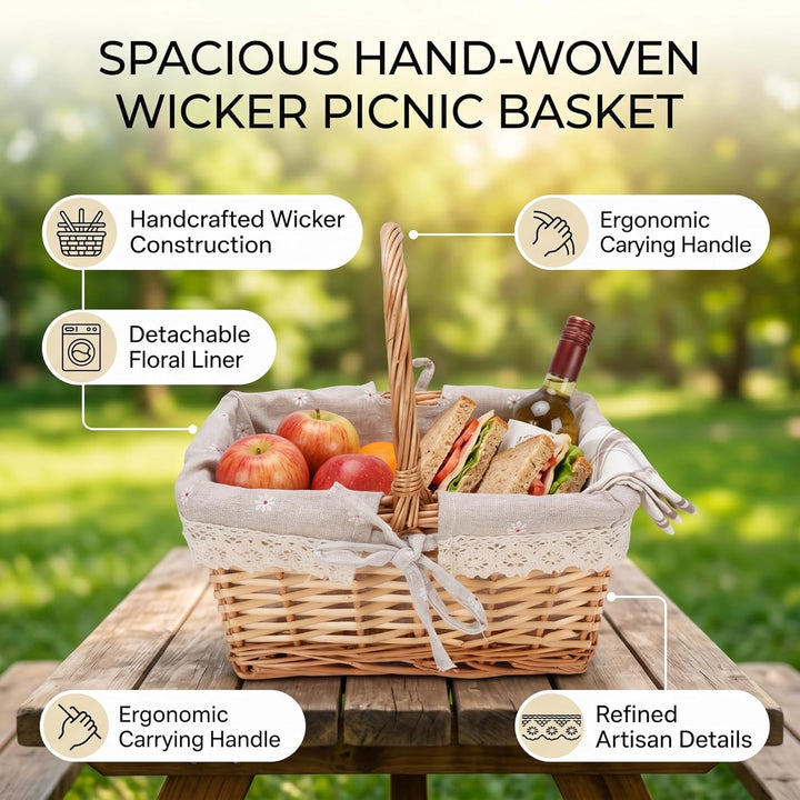 Cocoarm Picknickkorb aus Korbgeflecht, Handgewebt, Vintage-Stil, Abnehmbares Innenfutter, Mehrzweck-