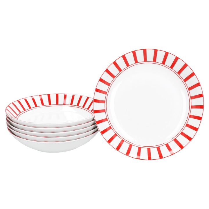 MamboCat Split rot 6er Set Suppenteller I 450ml I weisses Porzellan-Geschirr mit Streifen für 6 Pers