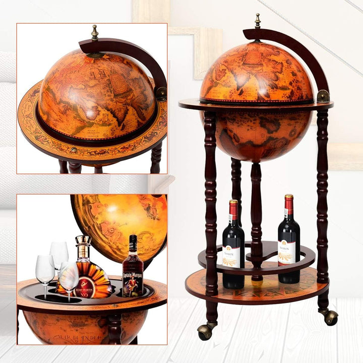 DREAMADE Globus Bar Barwagen, Weinregal auf Rollen, Minibar Globus Hausbar, Servierwagen mit Klassis