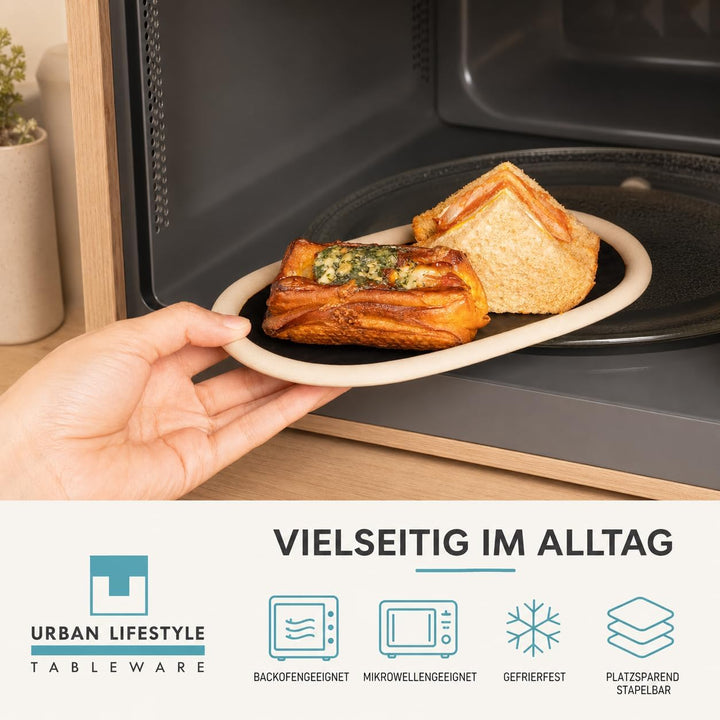 Urban Lifestyle Ovale Dessertteller Set 4er Schwarz 19,5 x 11,5 cm, Rustikale Keramik Tapasteller au
