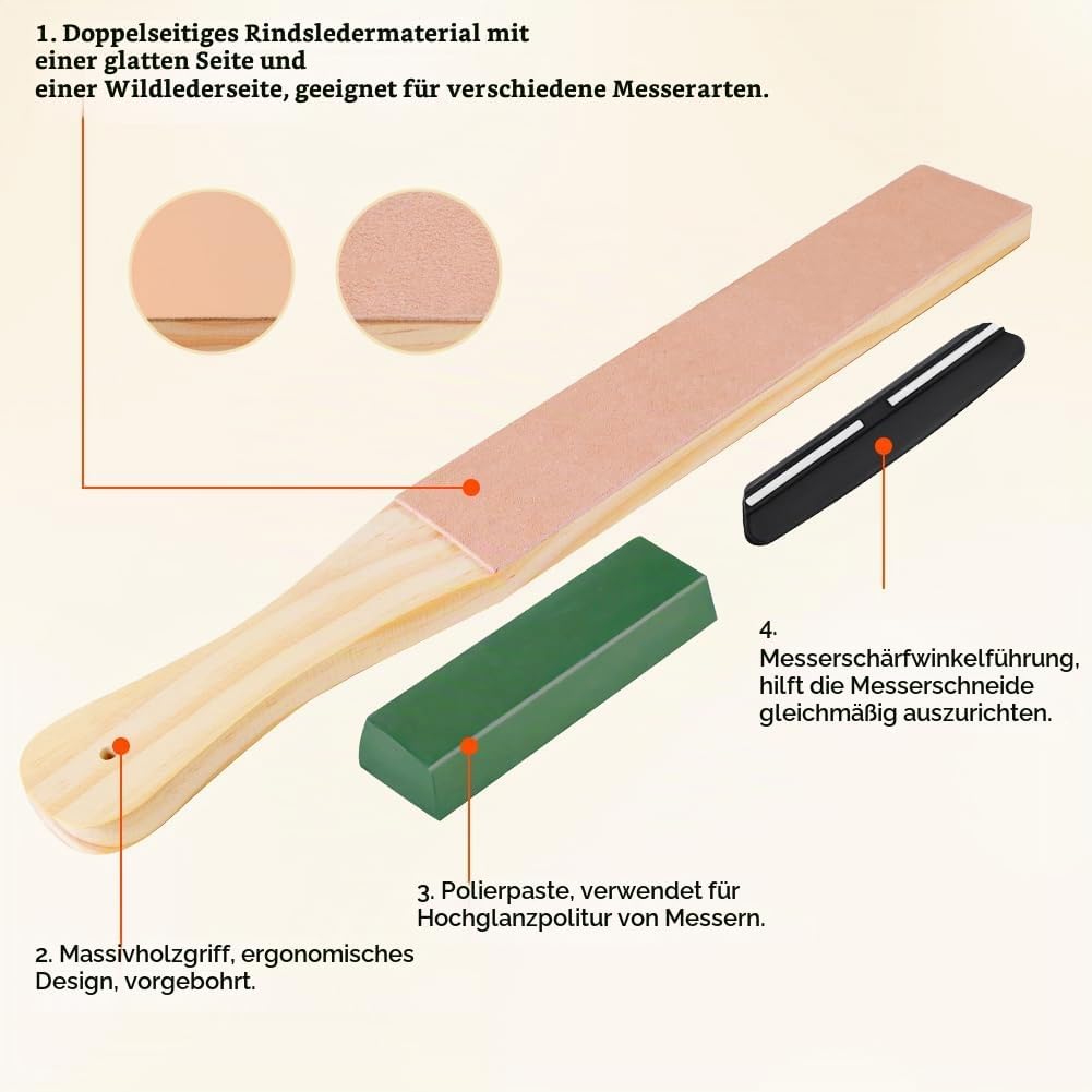 Streichriemen Set,Leder Abziehsteine, mit Polierpaste und Winkelführung, Doppelseitiger Leder-Streic
