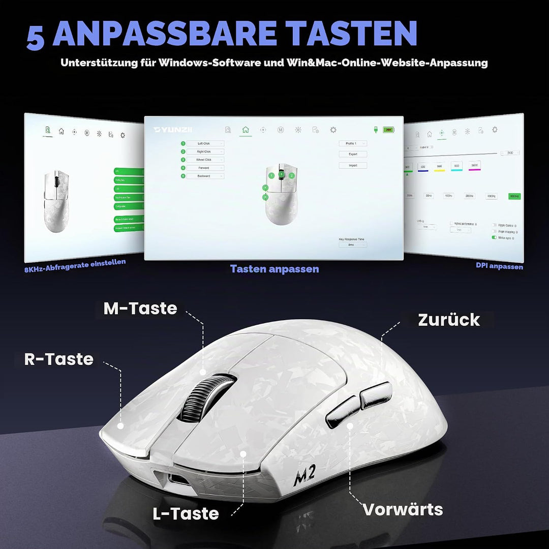 YUNZII M2 Kabellose Dual 8K Gaming Maus, PAW3395, 6-Stufen-DPI (Weiss), Weiss