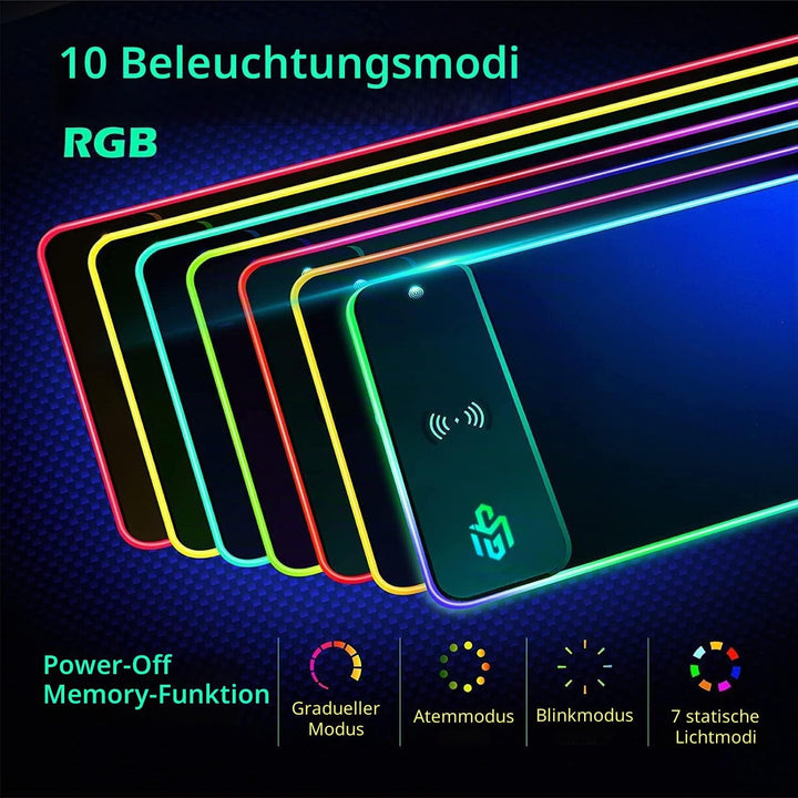 RGB Gaming Mauspad 15W Qi Mousepad LED, 10 Beleuchtungsmodi mit 15W Schnellladung Qi Kabelloses Lade
