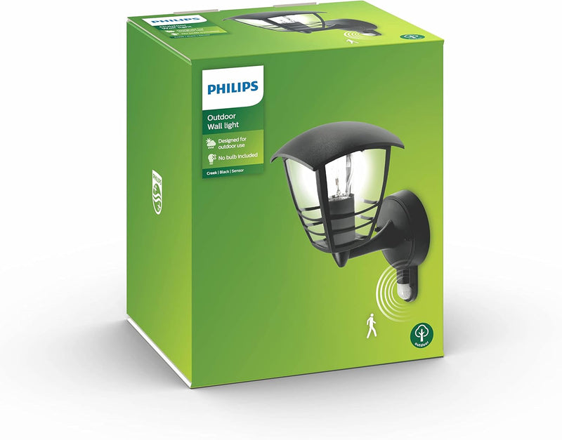 Philips myGarden Creek Aussenwandleuchte mit Bewegungsmelder, LED E27 Lampe, 60W, Schwarz, 28.5 cm S