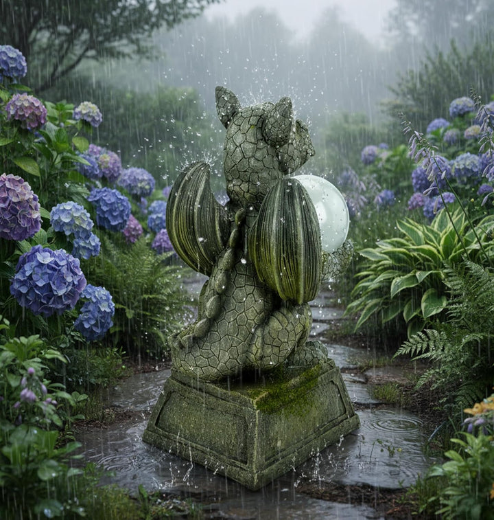 Kremers Schatzkiste Drachenkind mit Solarkugel 30 cm Drache Figur Gartenfigur Solarfigur Dragon Gesc