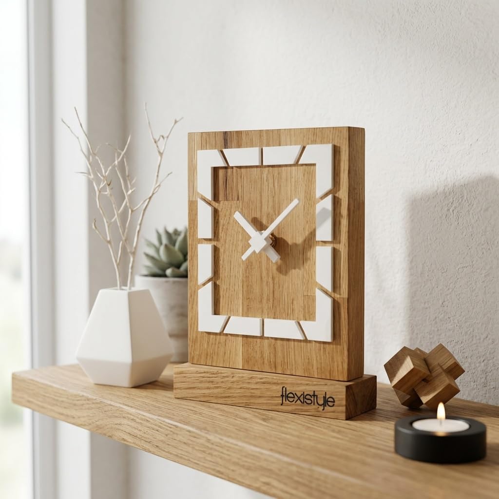 FLEXISTYLE Modern standuhr tischuhr klein aus Holz Eiche Wohnzimmer Badezimmer Uhr Holz tischuhren h